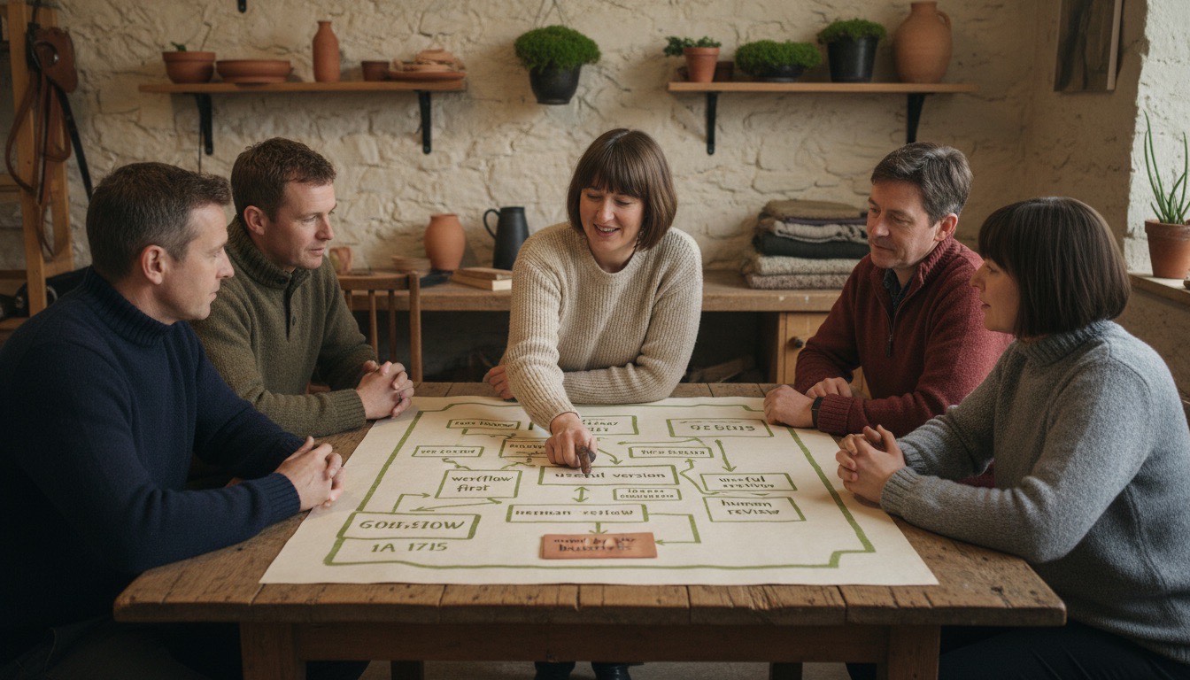 A Tús AI consultant working with an Irish SME team around a workflow map, with paper notes that read workflow first, useful version, human review, owned by the business