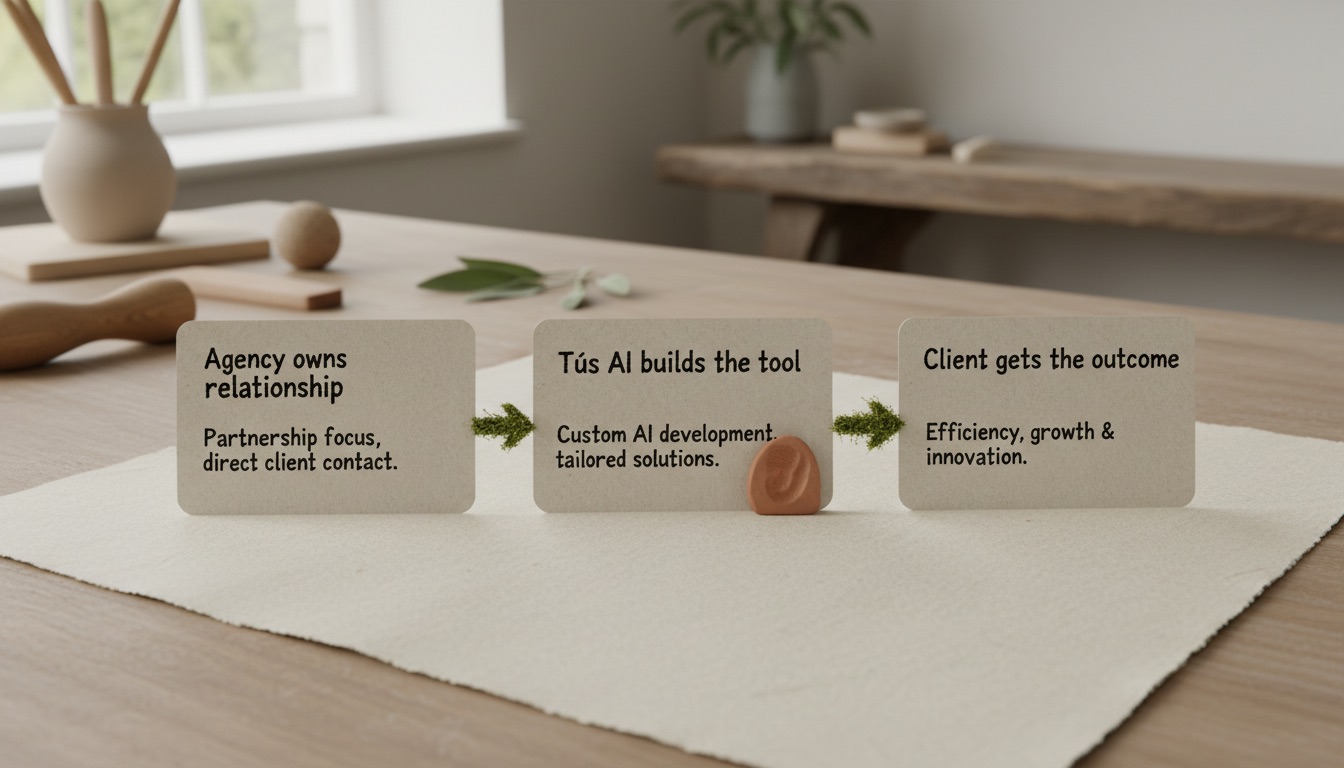 Three Tús AI partnership cards on paper labelled Agency owns relationship, Tús AI builds the tool, and Client gets the outcome
