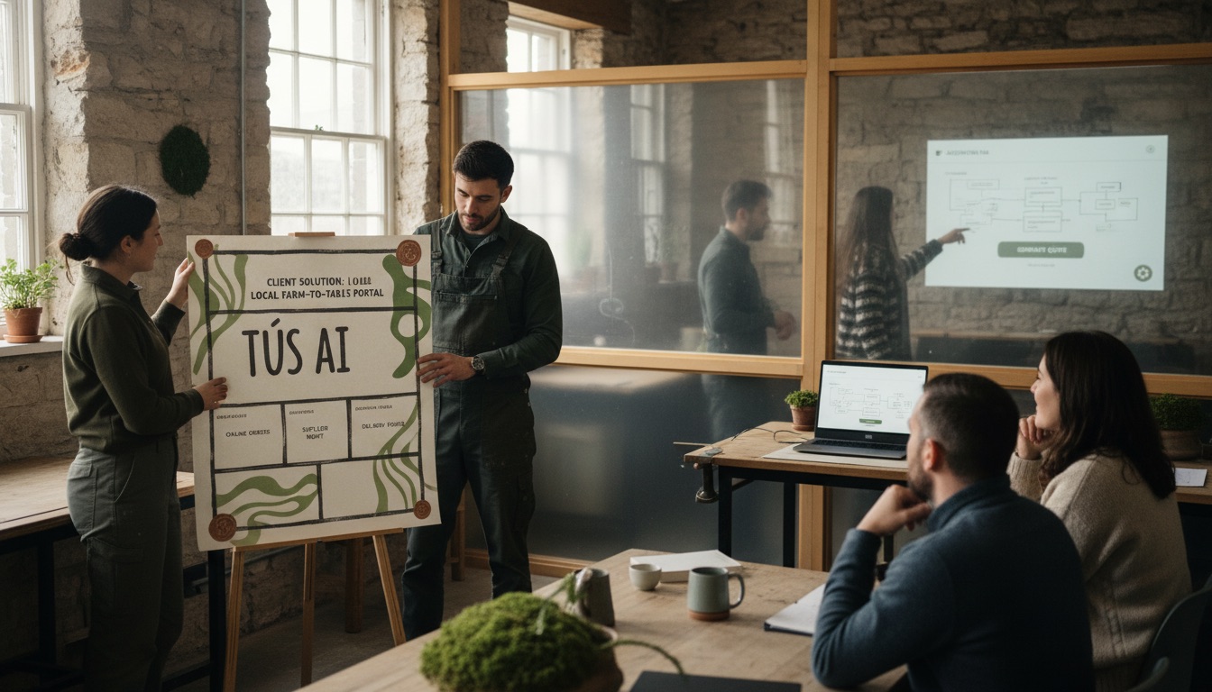 A digital agency presenting a client solution at the front of the room while Tús AI builds the underlying automation, dashboard, or portal in the background