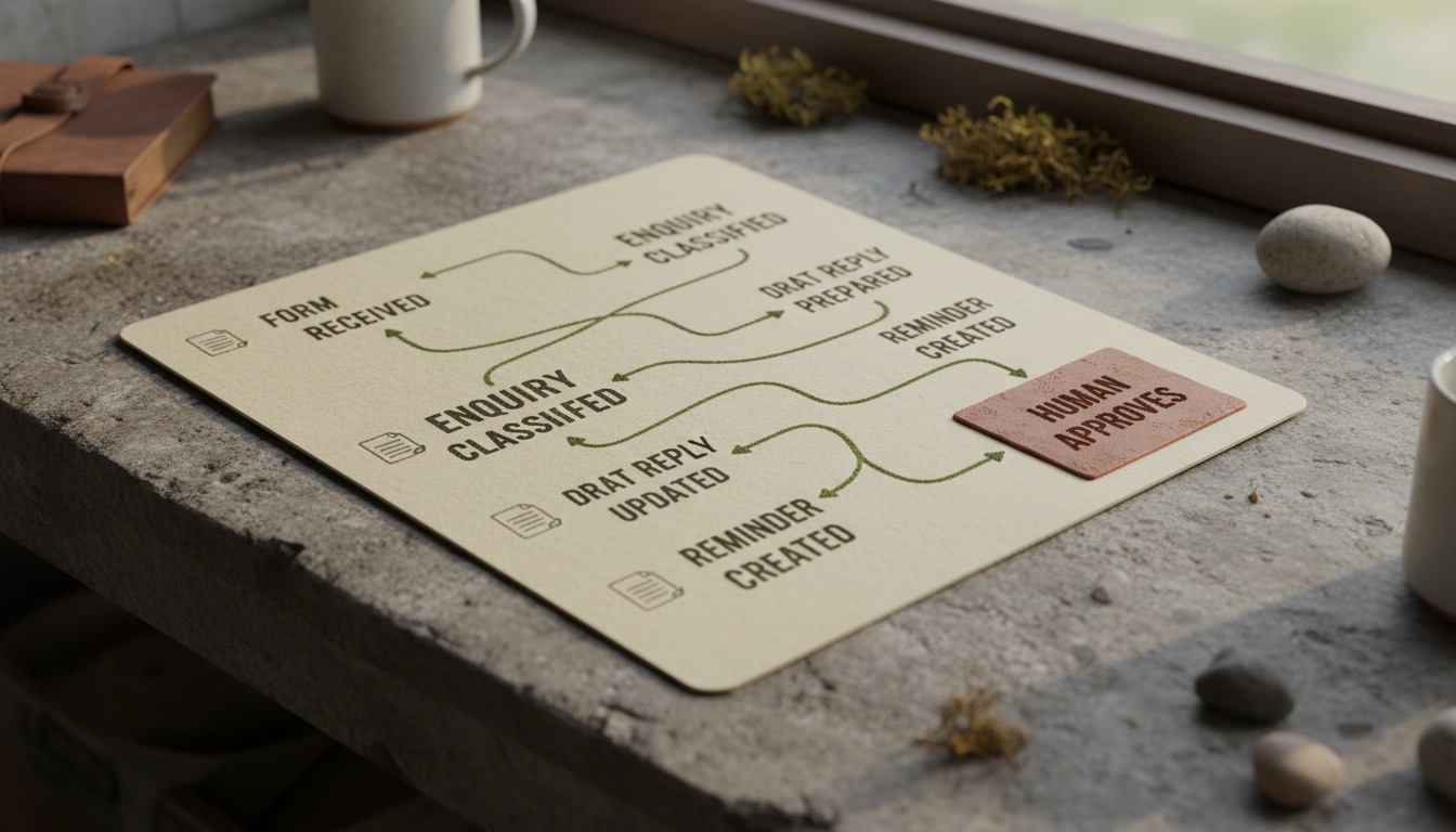 A Tús AI customer enquiry flowing through an automation: form received, enquiry classified, draft reply prepared, CRM updated, reminder created, and a human approving before sending