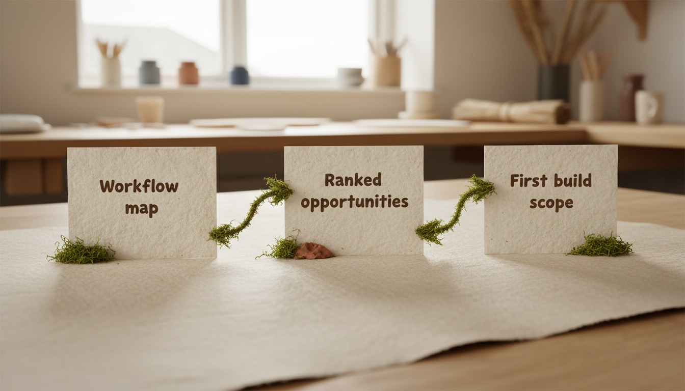 Three paper cards on a Tús AI audit board labelled Workflow map, Ranked opportunities, and First build scope. What you take away from an AI Opportunity Audit.