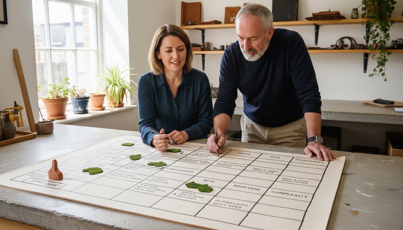 A Tús AI consultant and Irish SME owner scoring AI opportunities on a paper scoring board with five columns: repeat, value, risk, adoption, complexity