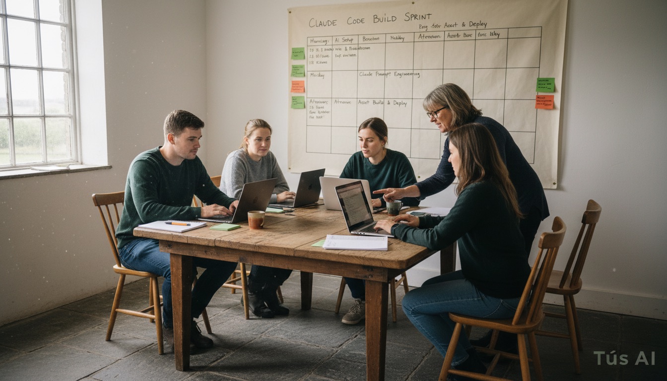 Founders and marketers at a Tús AI Claude Code Build Sprint workshop in Cork/Kinsale, working around a wooden table beside a wall schedule
