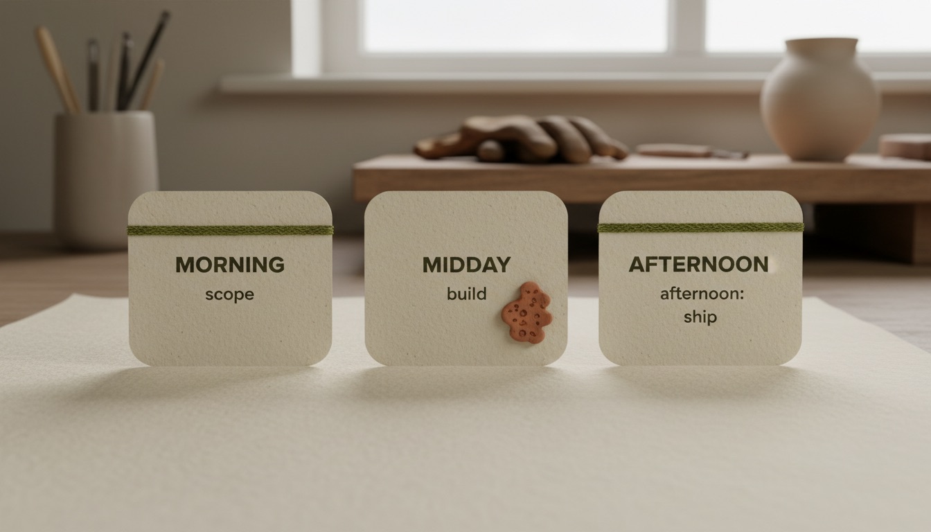 Three paper cards labelled Morning: scope, Midday: build, Afternoon: ship. The shape of a Tús AI Build Sprint day.