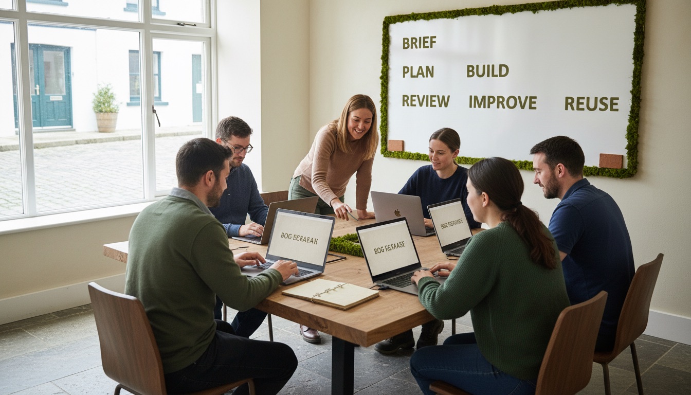 Tús AI Build Sprint participants working at laptops while a facilitator helps, with the Brief, Plan, Build, Review, Improve, Reuse workflow on the wall behind them