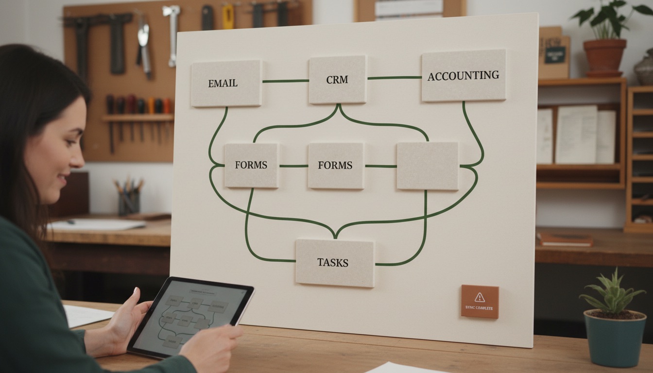 A Tús AI system view of an Irish SME with email, CRM, forms, accounting, and task tools connected into one clean business workflow