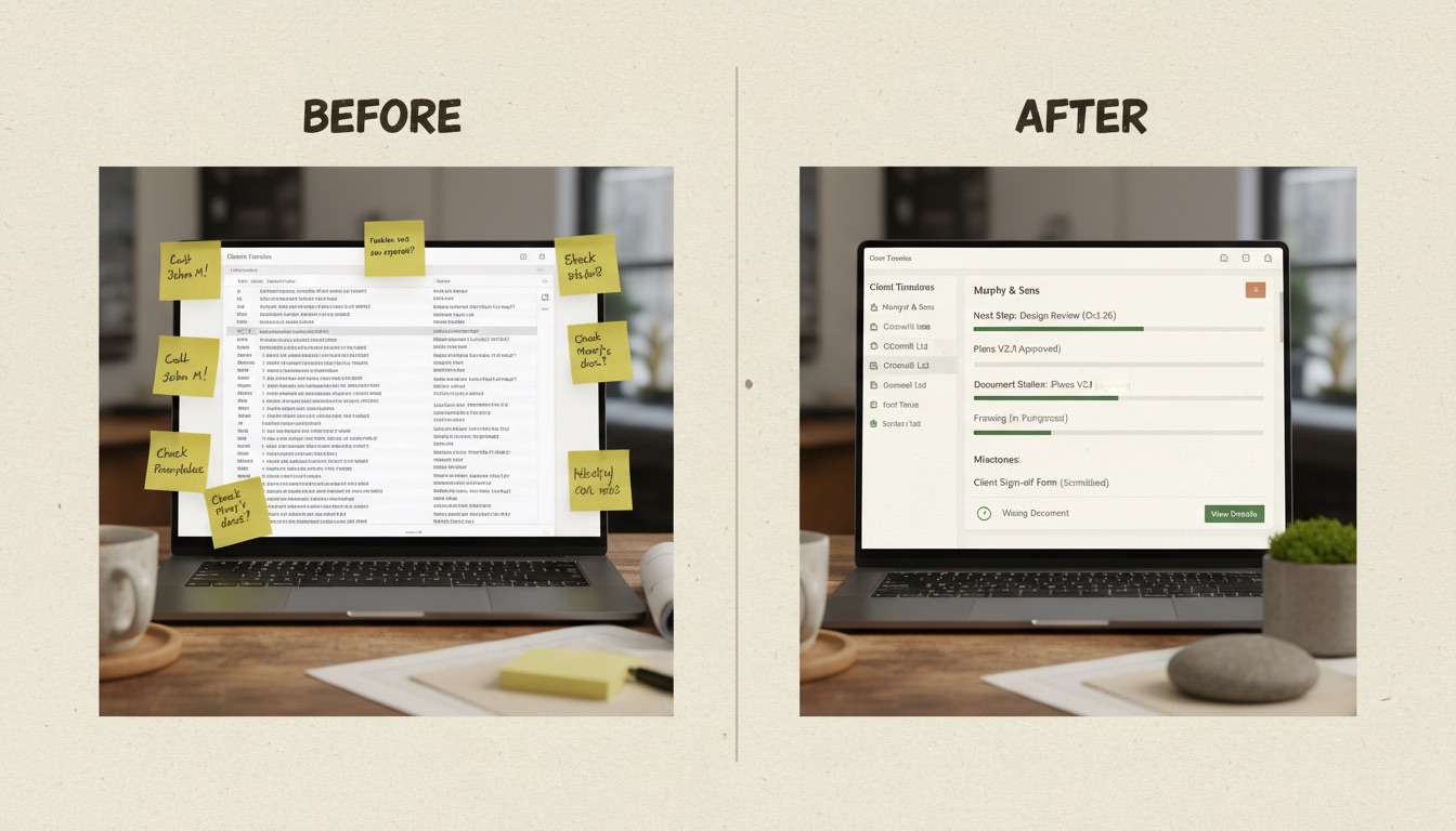 Before and after: a cluttered inbox of 'any update?' emails replaced by a calm Tús AI client portal timeline with next step, document status, and progress milestones