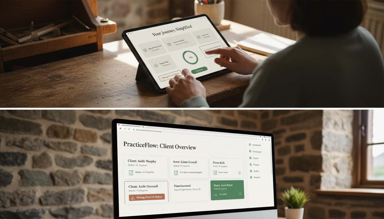 A Tús AI client portal for an Irish professional services business showing document upload, checklist, progress timeline, and a clear next step