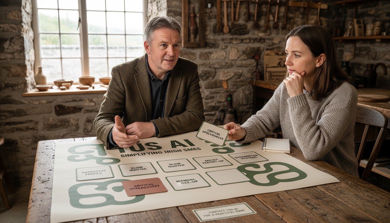 A Tús AI consultant and Irish SME owner mapping a messy workflow on the table using cards: repetitive emails, slow quotes, messy reporting, manual follow-up, disconnected systems, and one critical spreadsheet