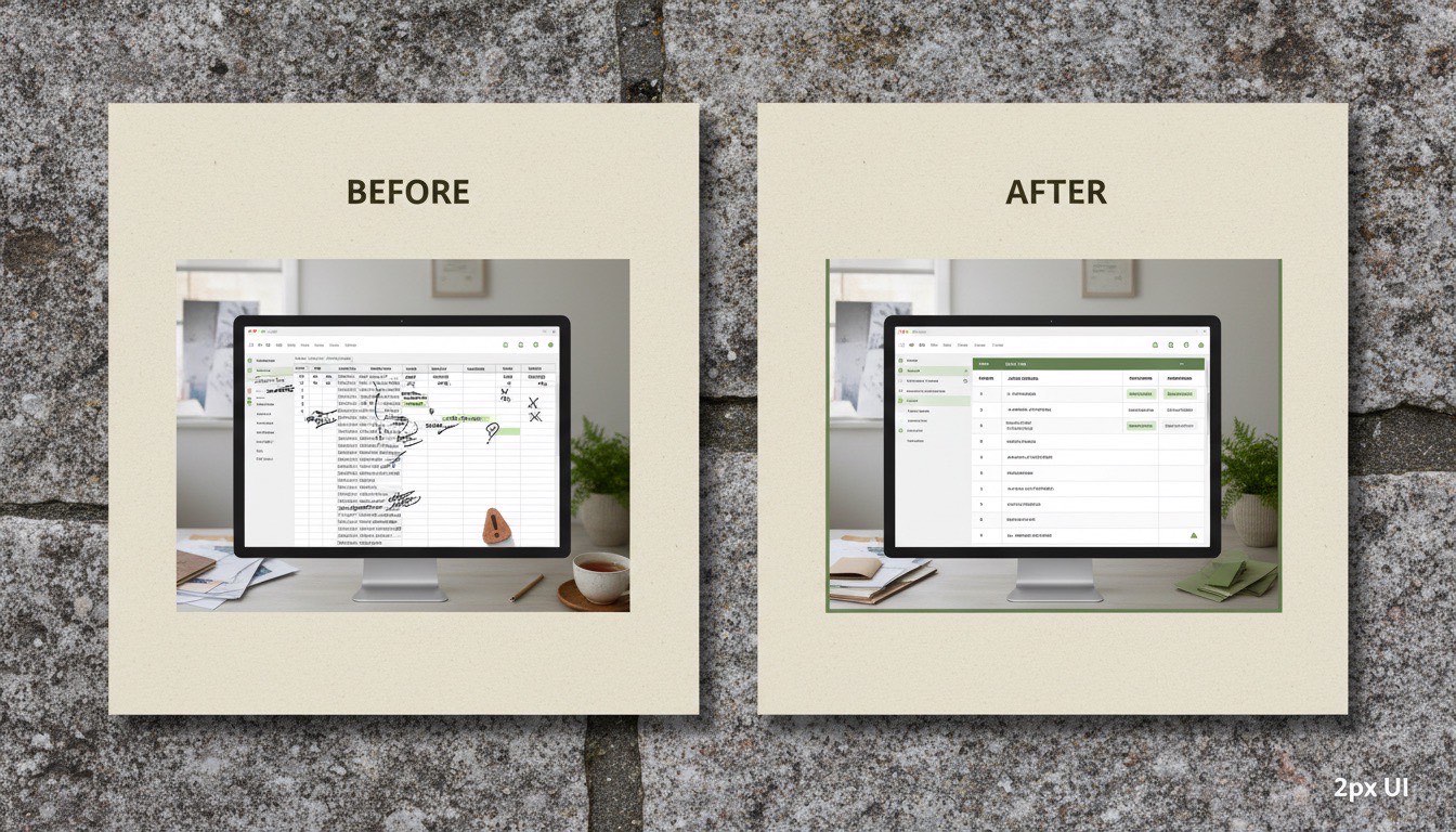 Before and after: a messy job-tracking spreadsheet replaced by a clean Tús AI internal tool with job status, client details, next action, permissions, and notifications