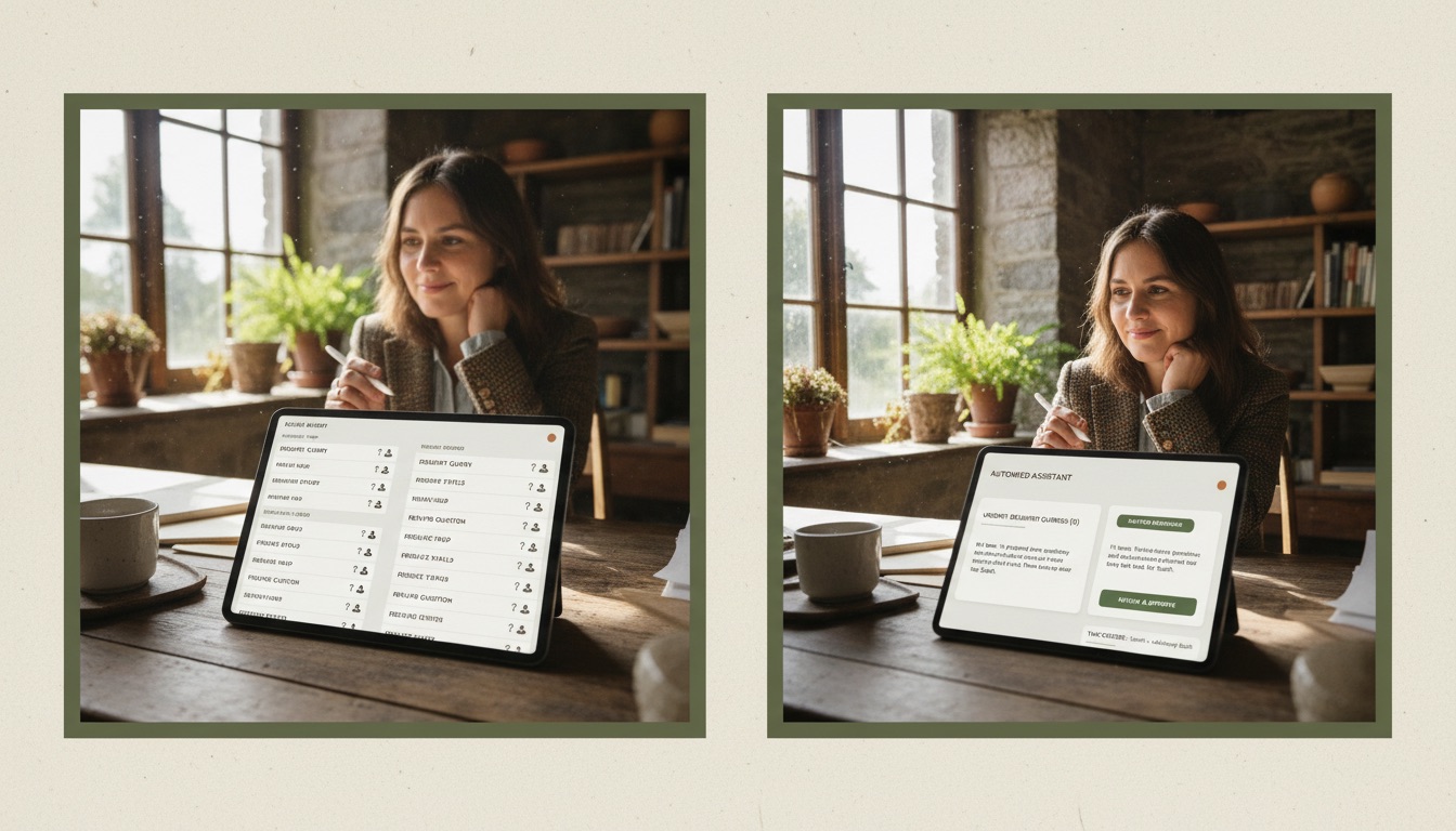 A Tús AI split-screen view: a busy inbox of repeated customer questions on one side, and on the other side an AI-grouped queue with drafted replies waiting for a staff member to approve before sending