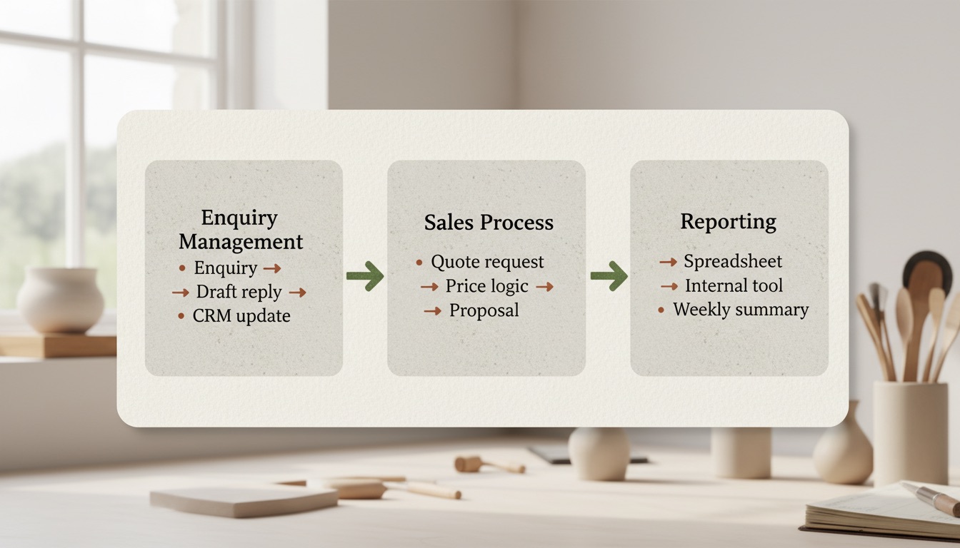 Three Tús AI workflow cards on paper: enquiry to draft reply to CRM update, quote request to price logic to proposal, and spreadsheet to internal tool to weekly summary