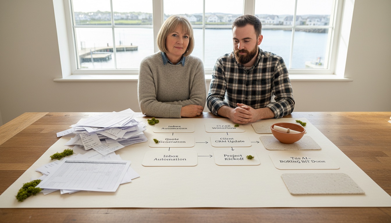 A Kinsale-based Irish SME owner and operations lead at a desk, turning messy emails, quote requests, and spreadsheets into one clear Tús AI workflow board