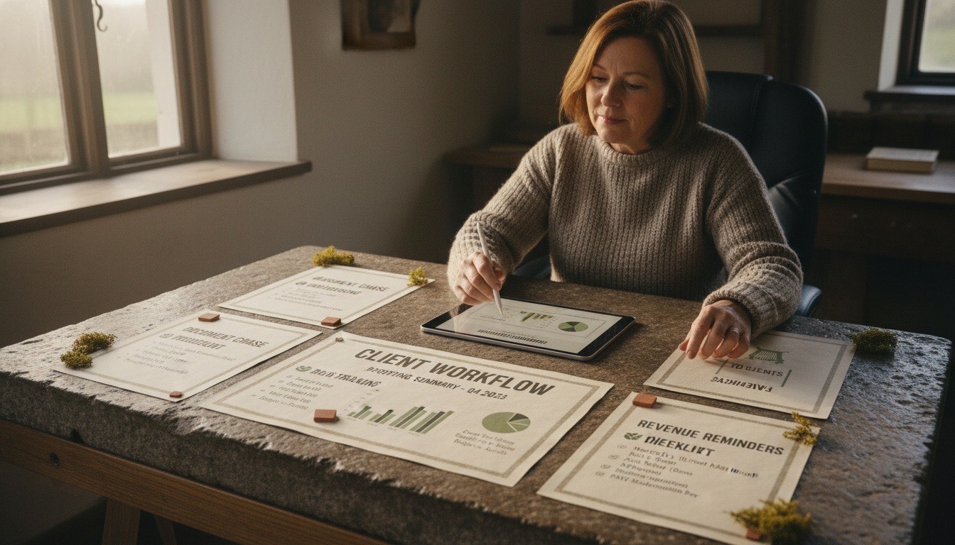 A Tús AI dashboard for an Irish accountancy firm showing client document chasing, deadline tracking, onboarding checklist, and Revenue-related reminders, all reviewed by the accountant before going out