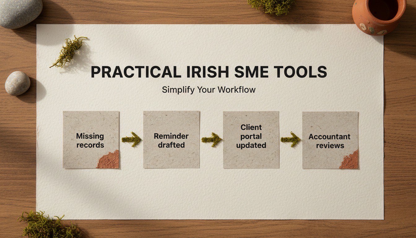Four Tús AI workflow cards for an accountancy firm: Missing records, Reminder drafted, Client portal updated, Accountant reviews