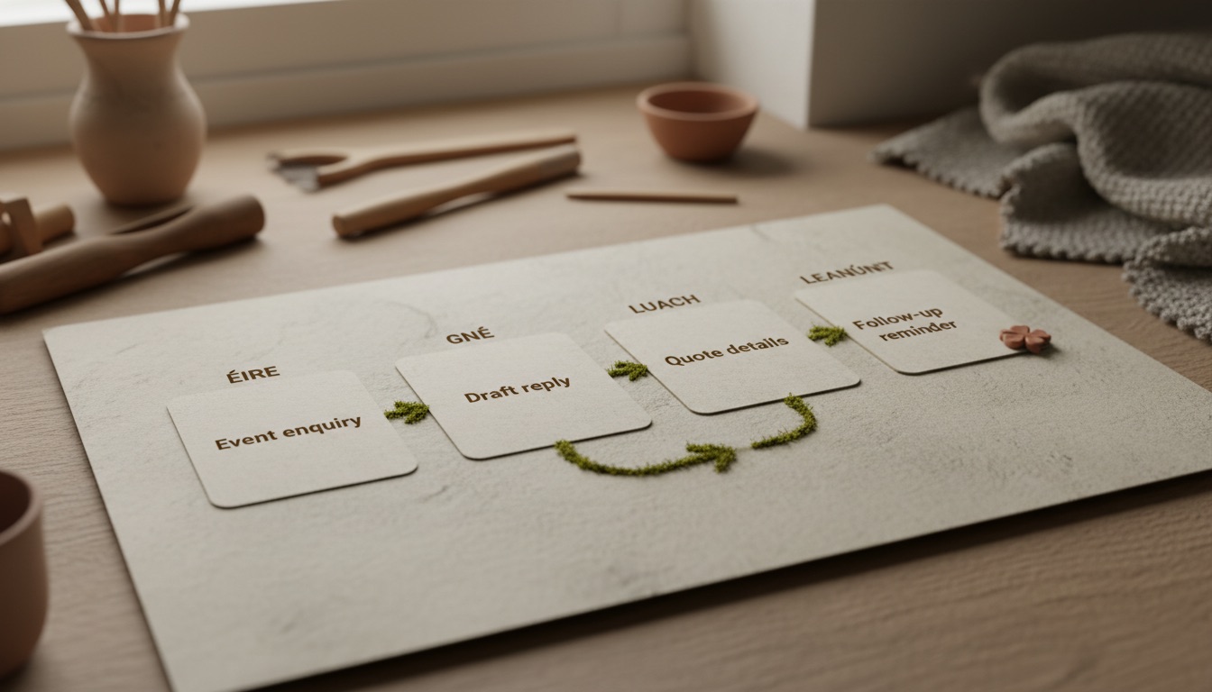 Four Tús AI workflow cards for a hospitality event enquiry: Event enquiry, Draft reply, Quote details, Follow-up reminder