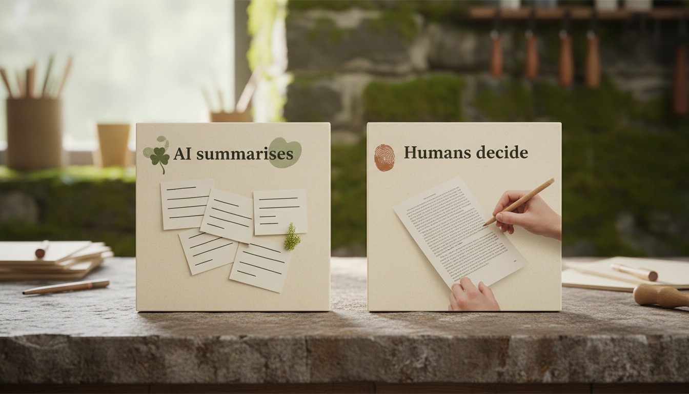 A two-panel Tús AI trust visual: AI summarises on the left, humans decide on the right