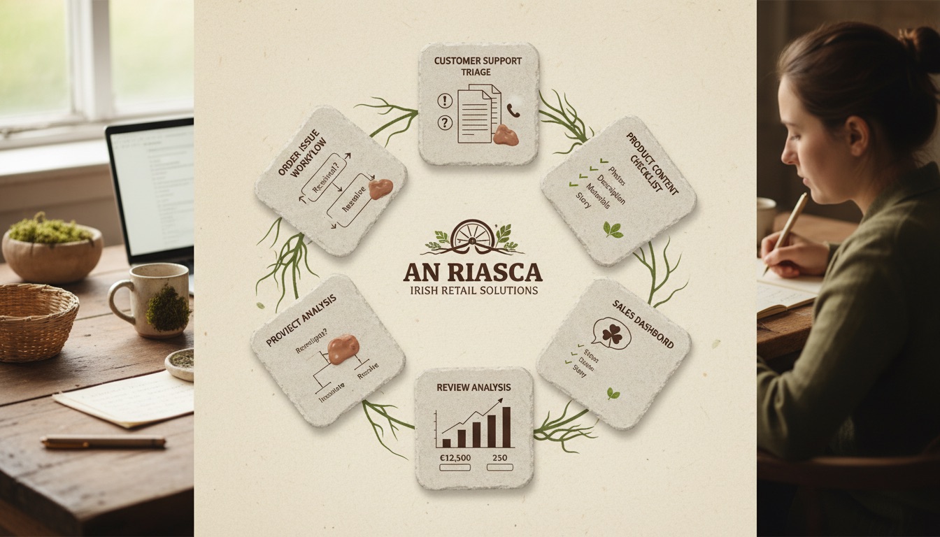 A Tús AI retail operations flywheel for a small Irish retailer: customer support triage, order issues, product content, review analysis, and a simple sales dashboard