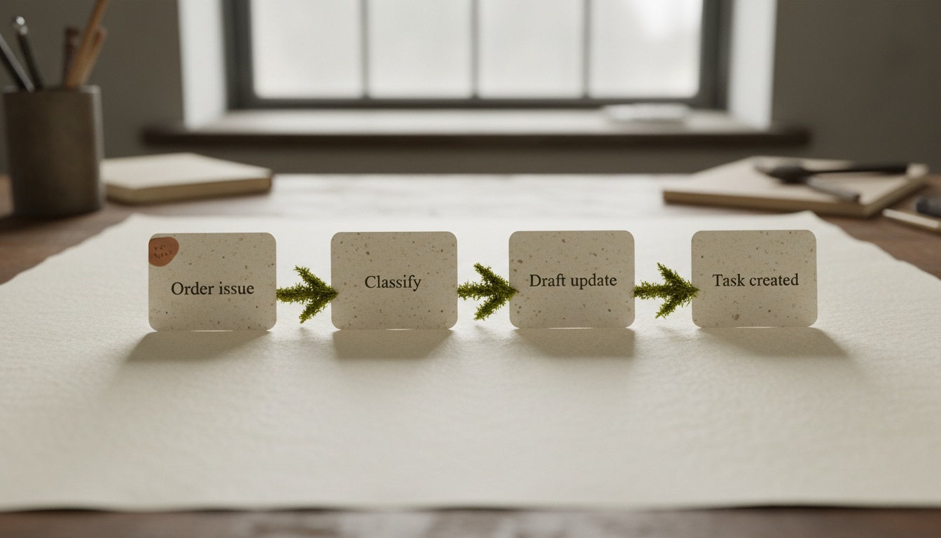 Four Tús AI workflow cards for an order issue: Order issue, Classify, Draft update, Task created