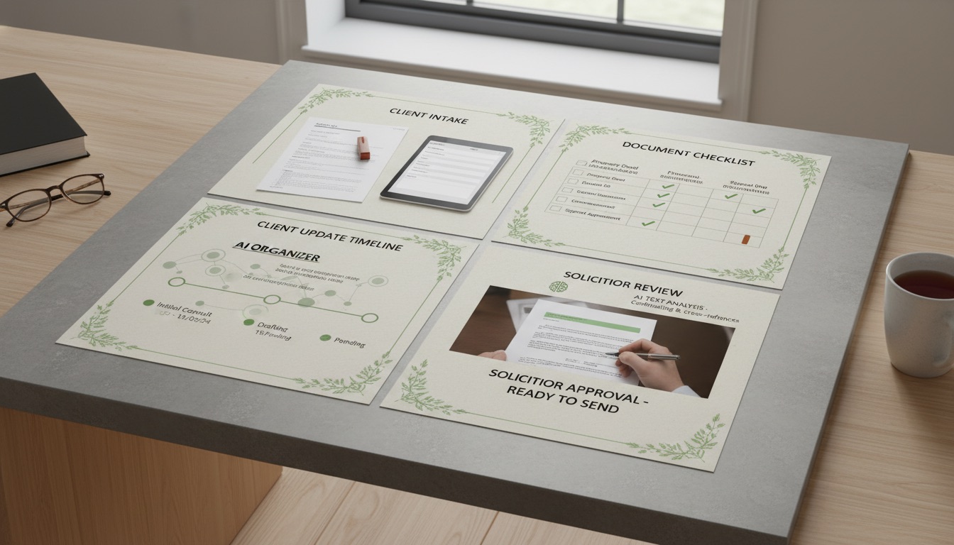 A Tús AI workflow for an Irish solicitor's office: client intake, document checklist, status timeline, and solicitor review before anything is sent. AI organises information, the solicitor decides.