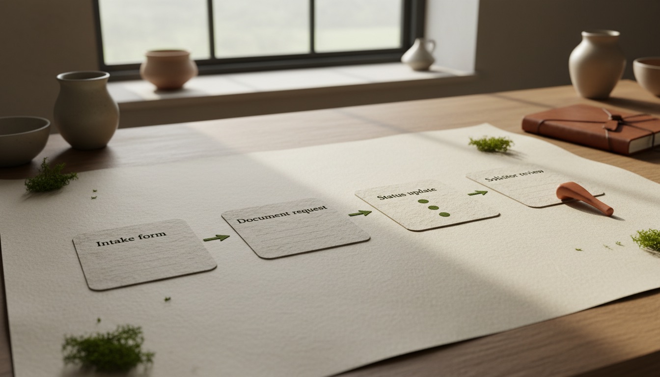 Four Tús AI workflow cards for a law firm matter: Intake form, Document request, Status update, Solicitor review