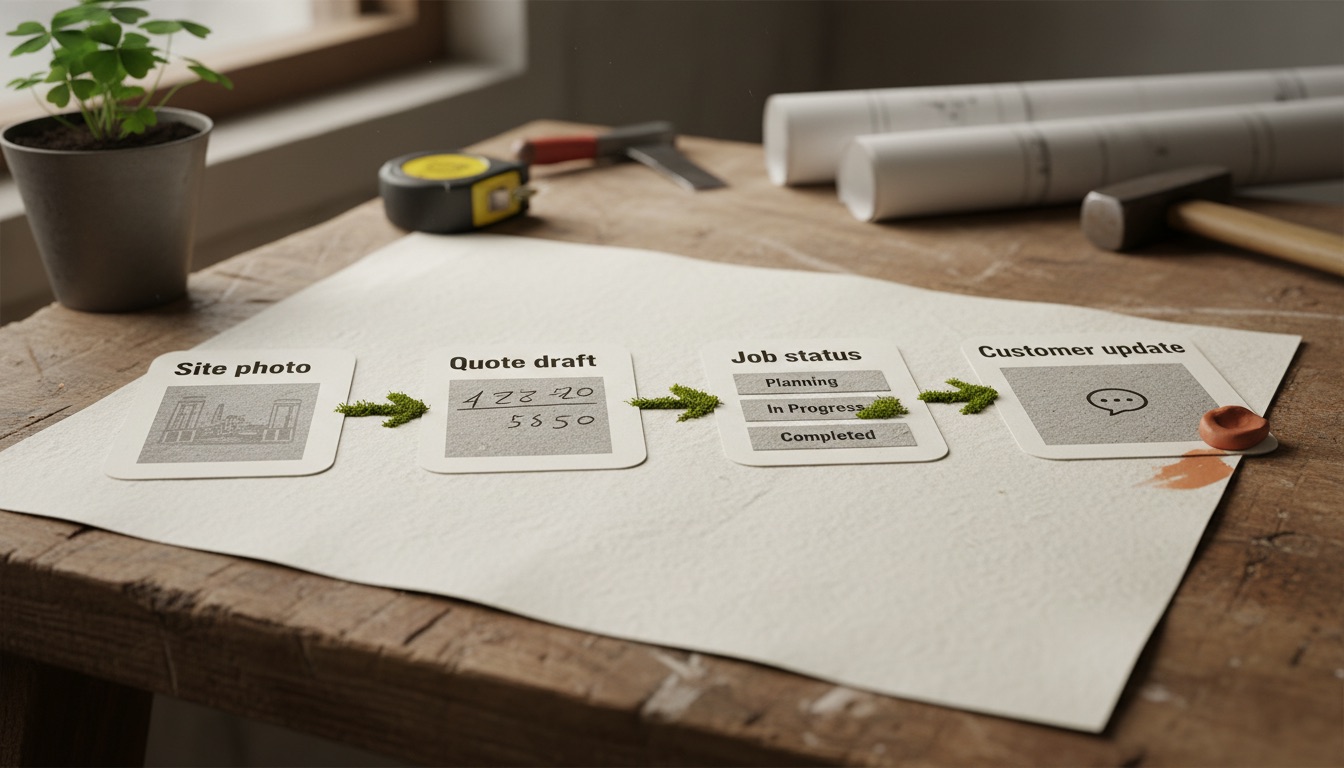 Four Tús AI workflow cards for a trades job: Site photo, Quote draft, Job status, Customer update