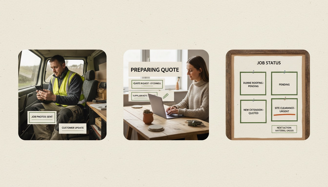 A Tús AI workflow for an Irish trades and construction business: site photos coming in from a van, office manager preparing a quote at a laptop, and a job board updating status