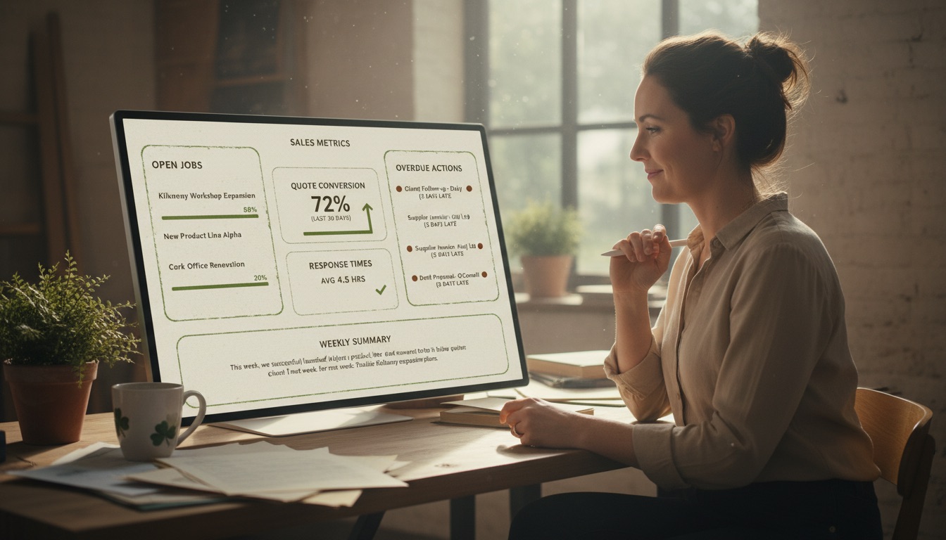 A Tús AI management dashboard for an Irish SME showing open jobs, quote conversion, response times, overdue actions, and a weekly plain-English summary