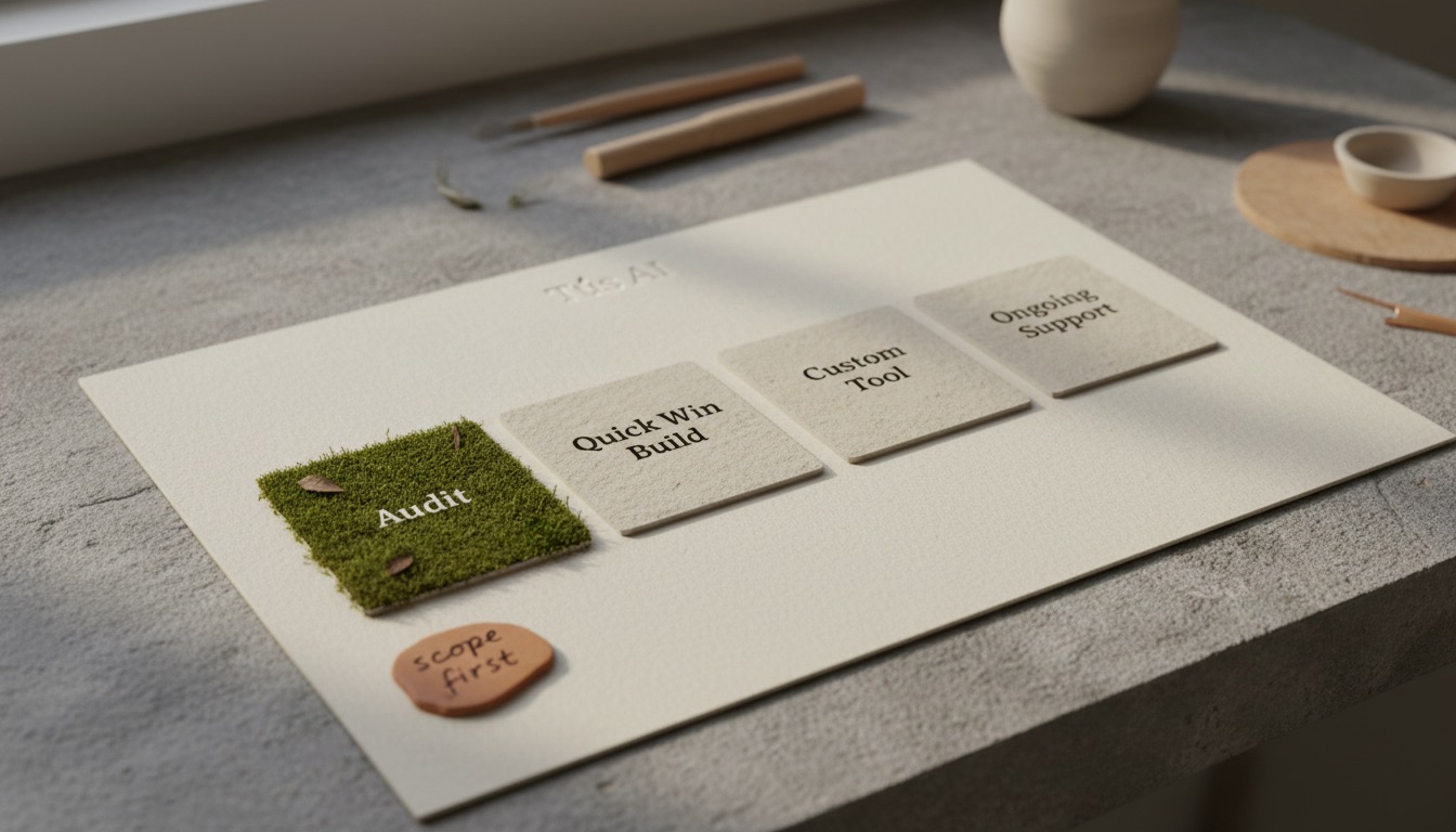 Four Tús AI pricing path cards on paper: Audit (recommended starting point), Quick Win Build, Custom Tool, and Ongoing Support