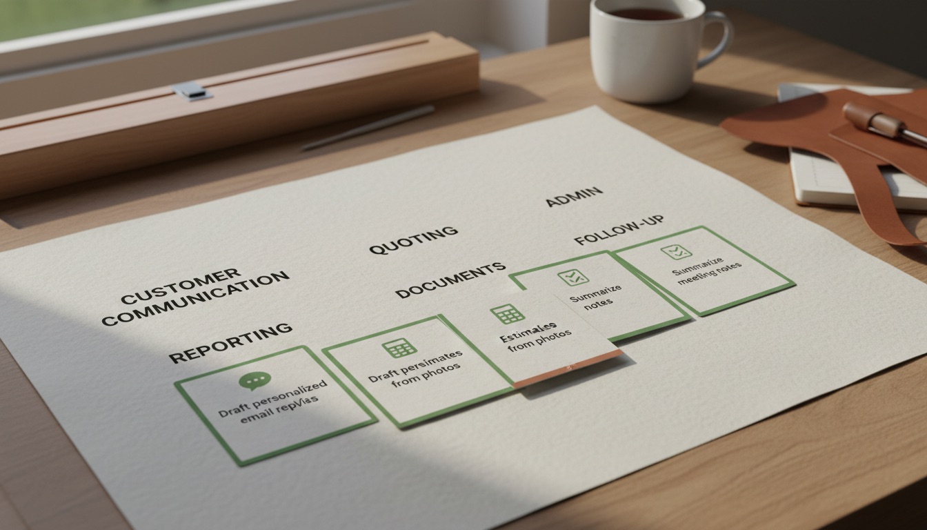 A Tús AI deck of practical AI quick-win cards laid out on a paper desk, grouped by customer communication, quoting, admin, reporting, documents, and follow-up — with three cards selected as a sensible starting point