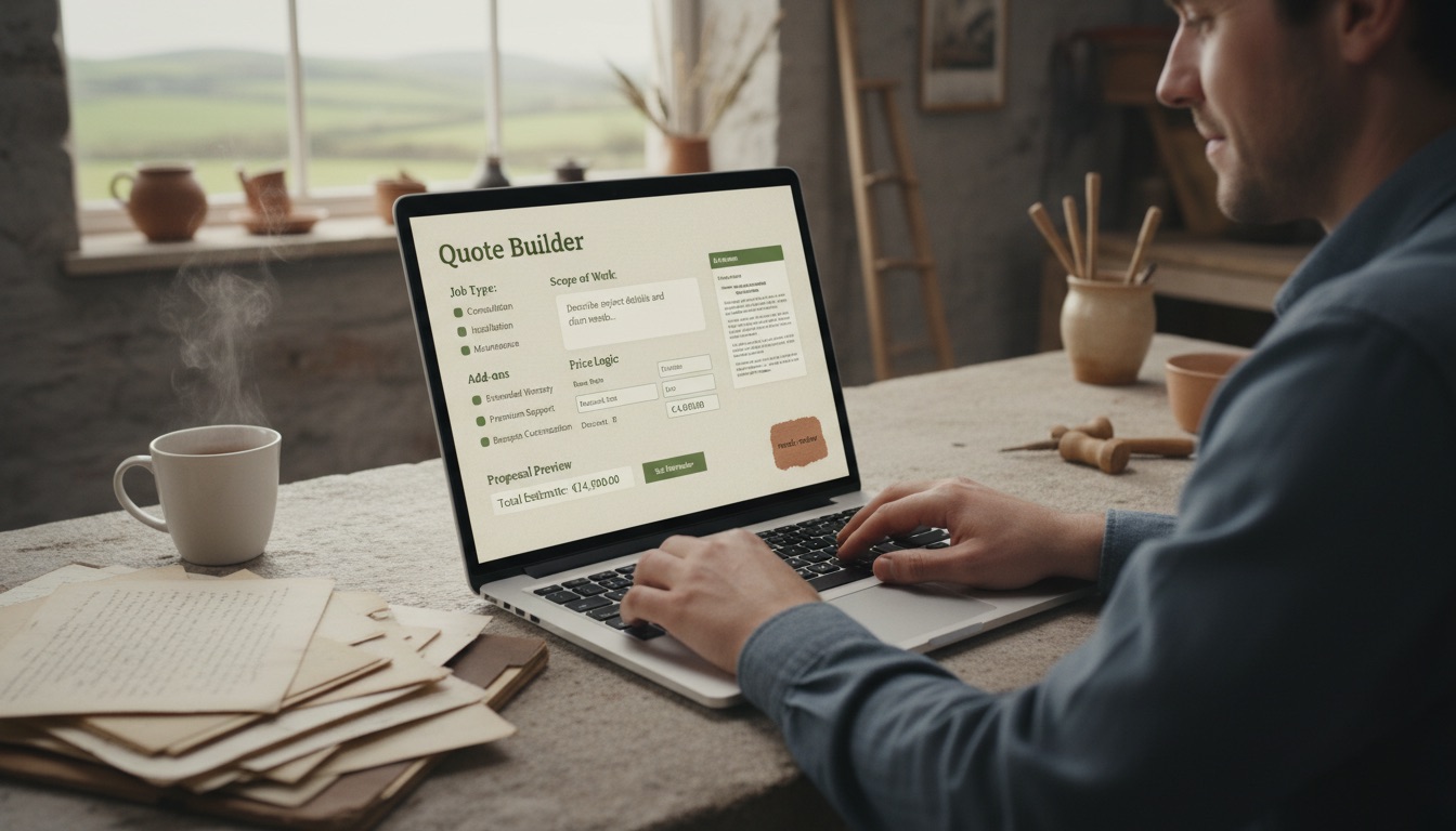 A Tús AI quote builder on a laptop showing job type, scope, add-ons, price logic, proposal preview, and follow-up reminder for an Irish service business