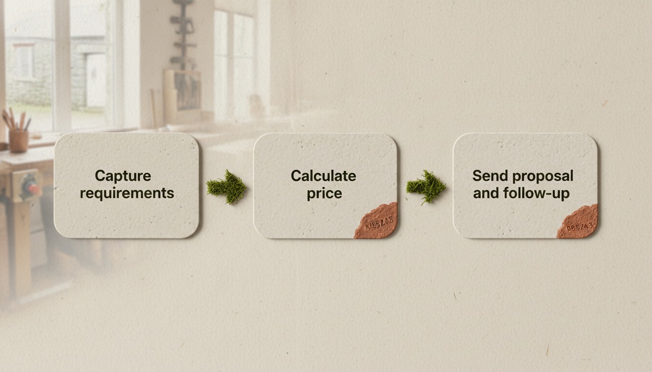 Three Tús AI workflow cards on paper labelled Capture requirements, Calculate price, and Send proposal and follow-up